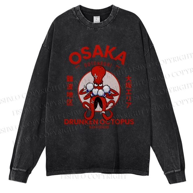 Unisex Casual Washed Osaka Drunken Octopus Vintage Printed Long Sleeve T-shirt