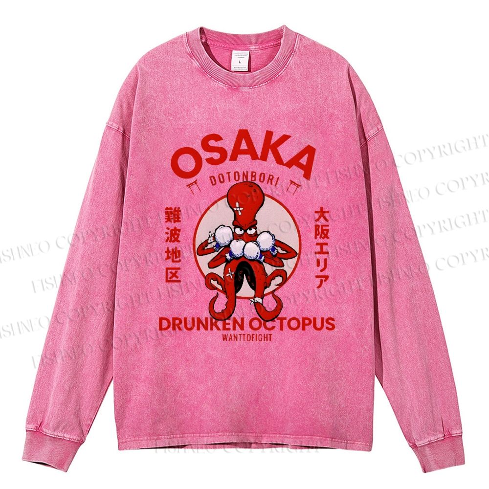 Unisex Casual Washed Osaka Drunken Octopus Vintage Printed Long Sleeve T-shirt