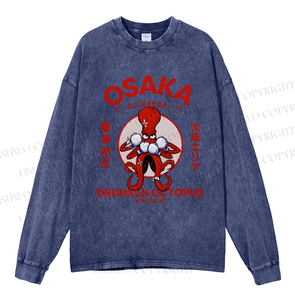 Unisex Casual Washed Osaka Drunken Octopus Vintage Printed Long Sleeve T-shirt