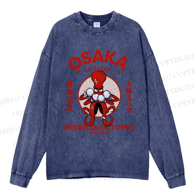 Unisex Casual Washed Osaka Drunken Octopus Vintage Printed Long Sleeve T-shirt