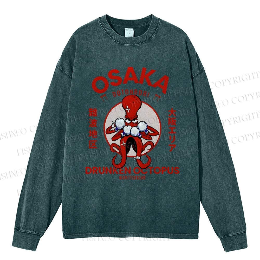 Unisex Casual Washed Osaka Drunken Octopus Vintage Printed Long Sleeve T-shirt