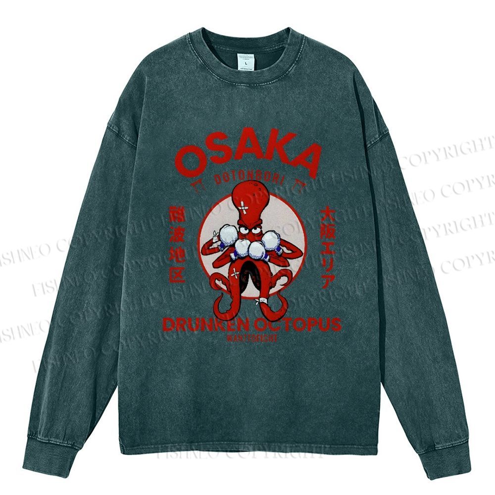 Unisex Casual Washed Osaka Drunken Octopus Vintage Printed Long Sleeve T-shirt