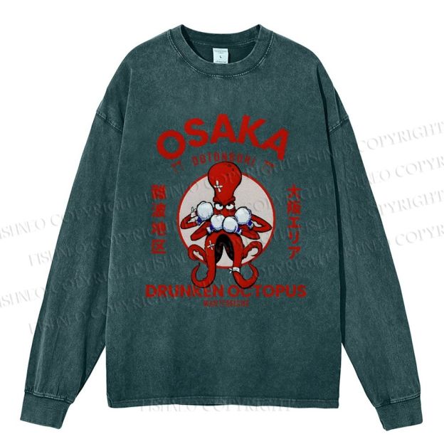 Unisex Casual Washed Osaka Drunken Octopus Vintage Printed Long Sleeve T-shirt