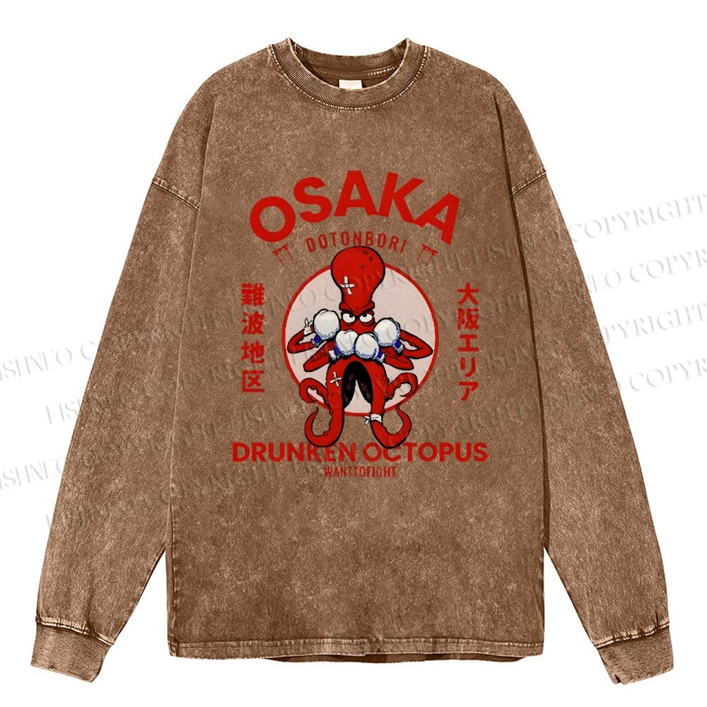 Unisex Casual Washed Osaka Drunken Octopus Vintage Printed Long Sleeve T-shirt