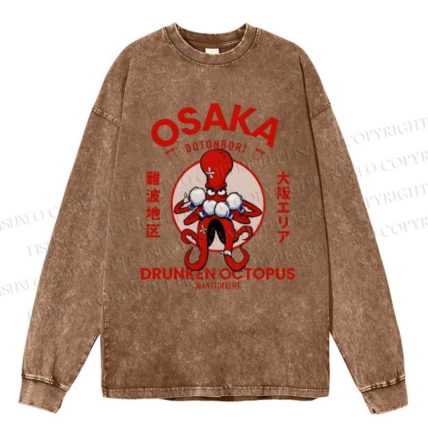 Unisex Casual Washed Osaka Drunken Octopus Vintage Printed Long Sleeve T-shirt