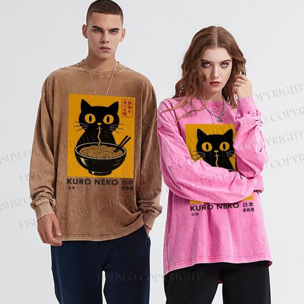 Unisex Casual Washed Kuro Neko Cat Printed Long Sleeve T-shirt