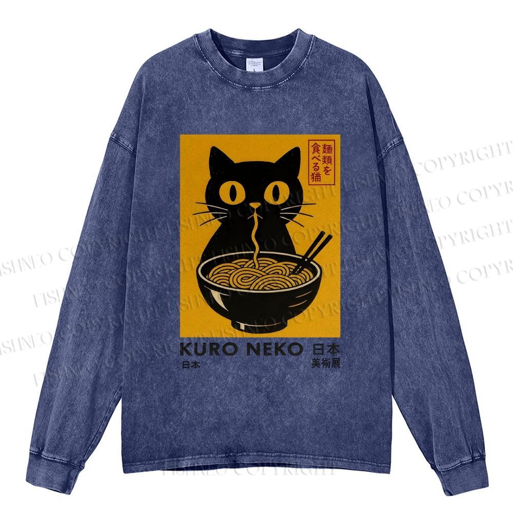 Unisex Casual Washed Kuro Neko Cat Printed Long Sleeve T-shirt