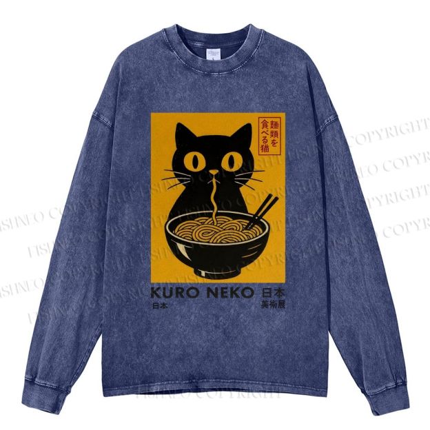 Unisex Casual Washed Kuro Neko Cat Printed Long Sleeve T-shirt