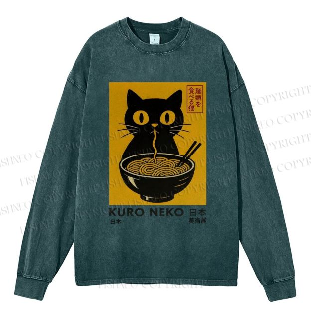 Unisex Casual Washed Kuro Neko Cat Printed Long Sleeve T-shirt