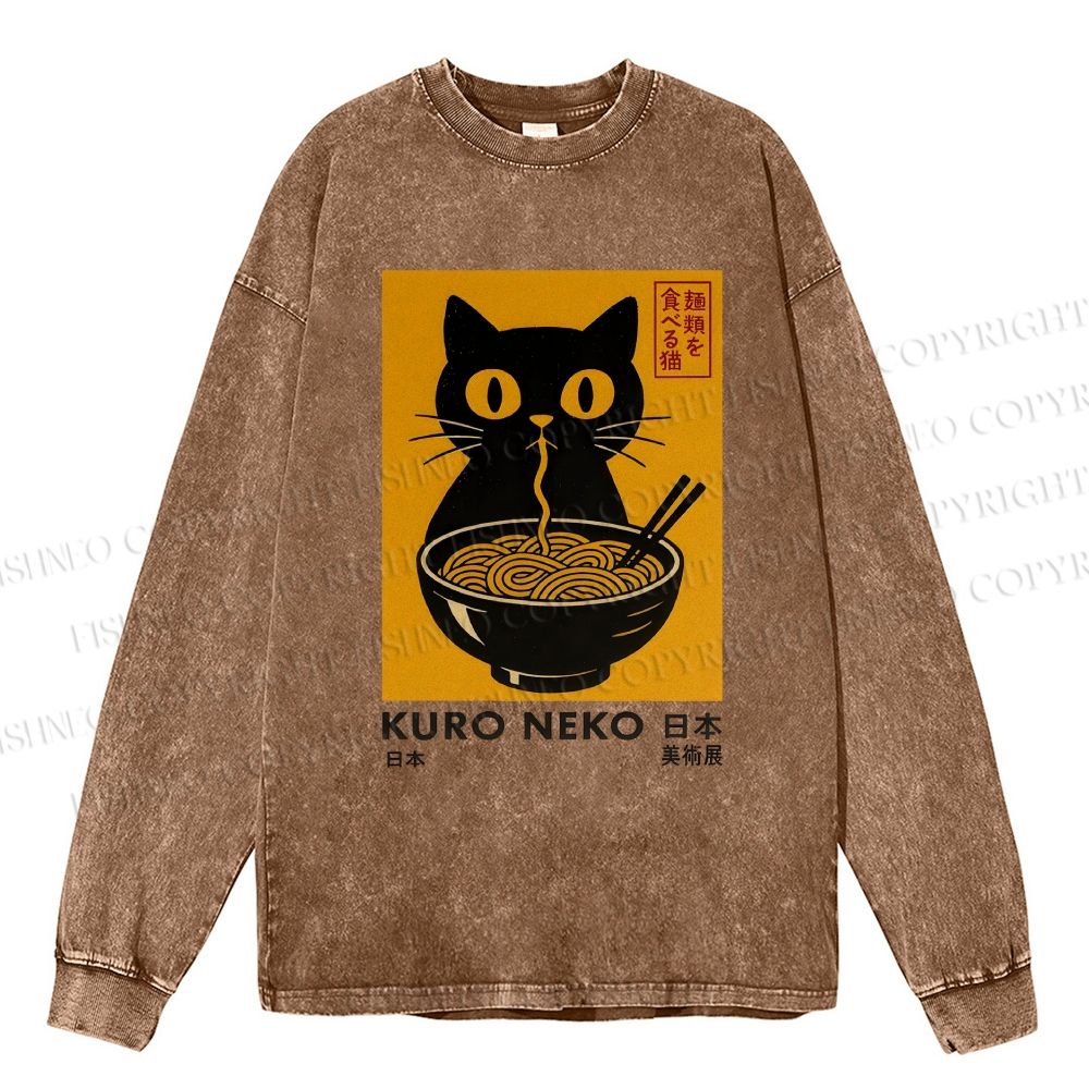 Unisex Casual Washed Kuro Neko Cat Printed Long Sleeve T-shirt