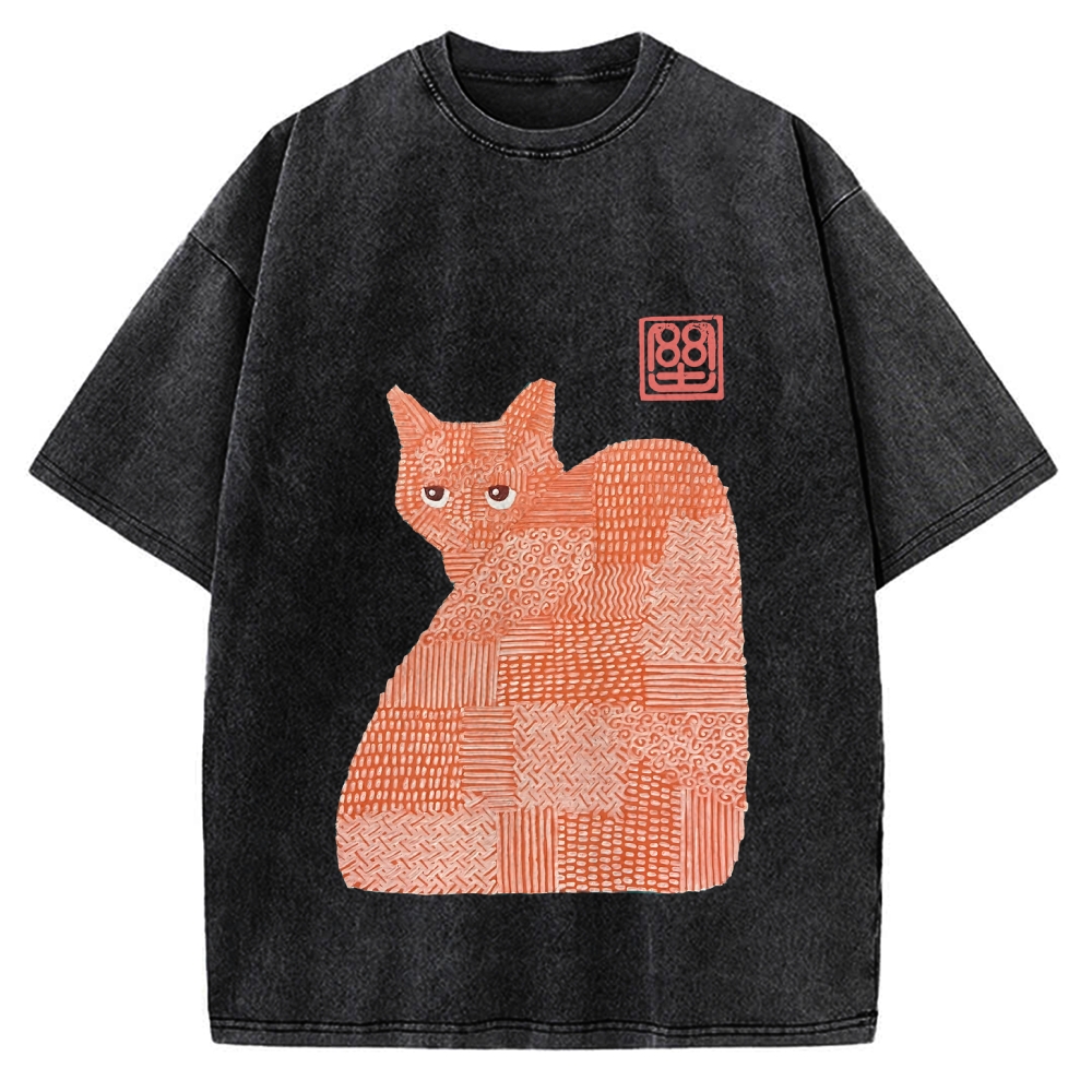 Geometric Patchwork Cat Vintage Washed T-shirt