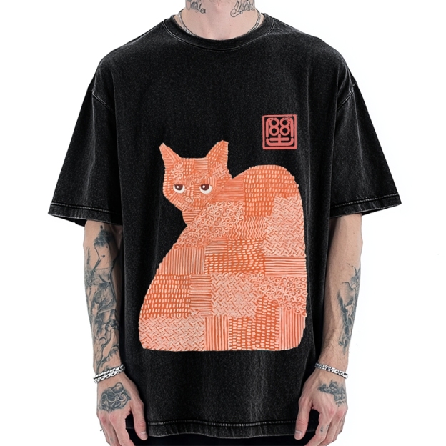 Geometric Patchwork Cat Vintage Washed T-shirt