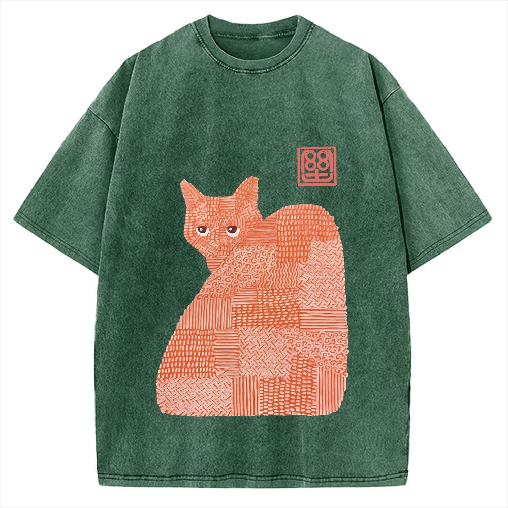 Geometric Patchwork Cat Vintage Washed T-shirt