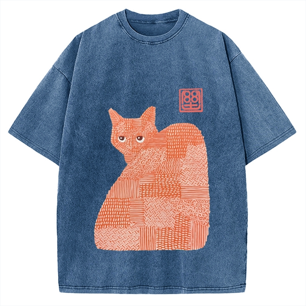 Geometric Patchwork Cat Vintage Washed T-shirt