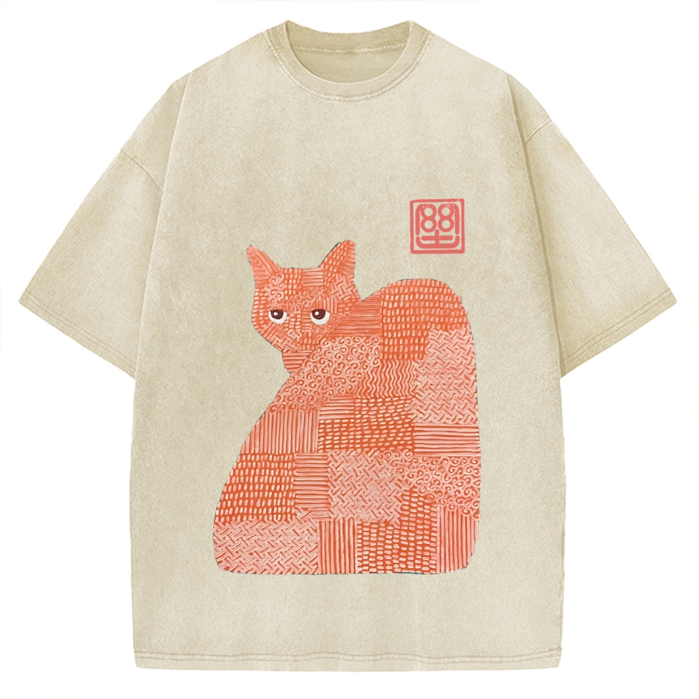 Geometric Patchwork Cat Vintage Washed T-shirt
