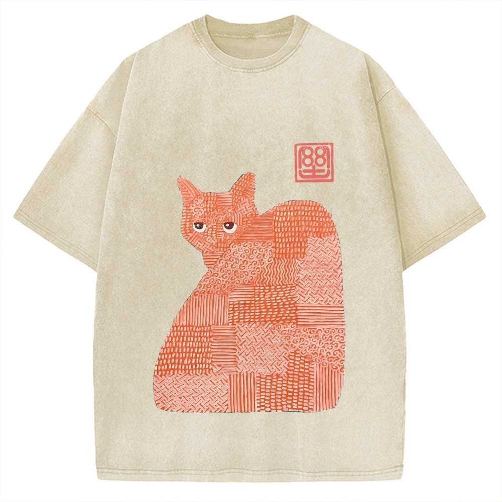 Geometric Patchwork Cat Vintage Washed T-shirt