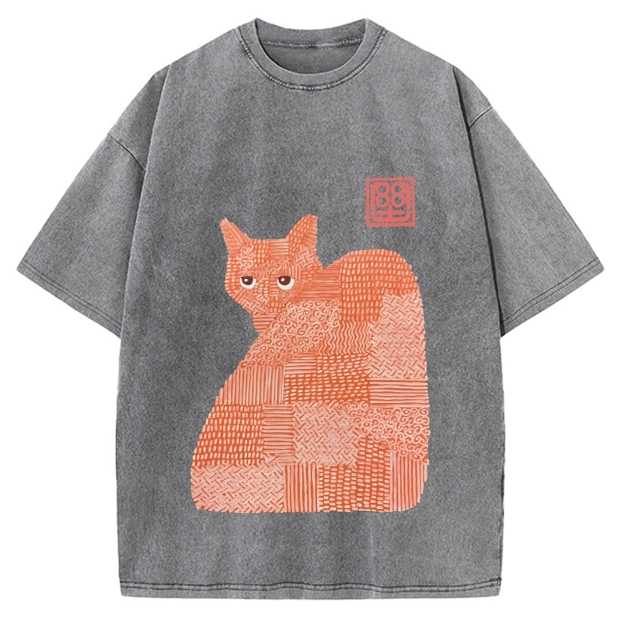 Geometric Patchwork Cat Vintage Washed T-shirt