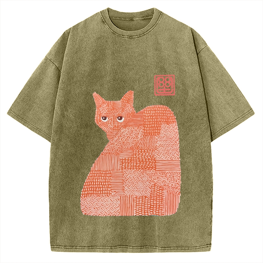 Geometric Patchwork Cat Vintage Washed T-shirt