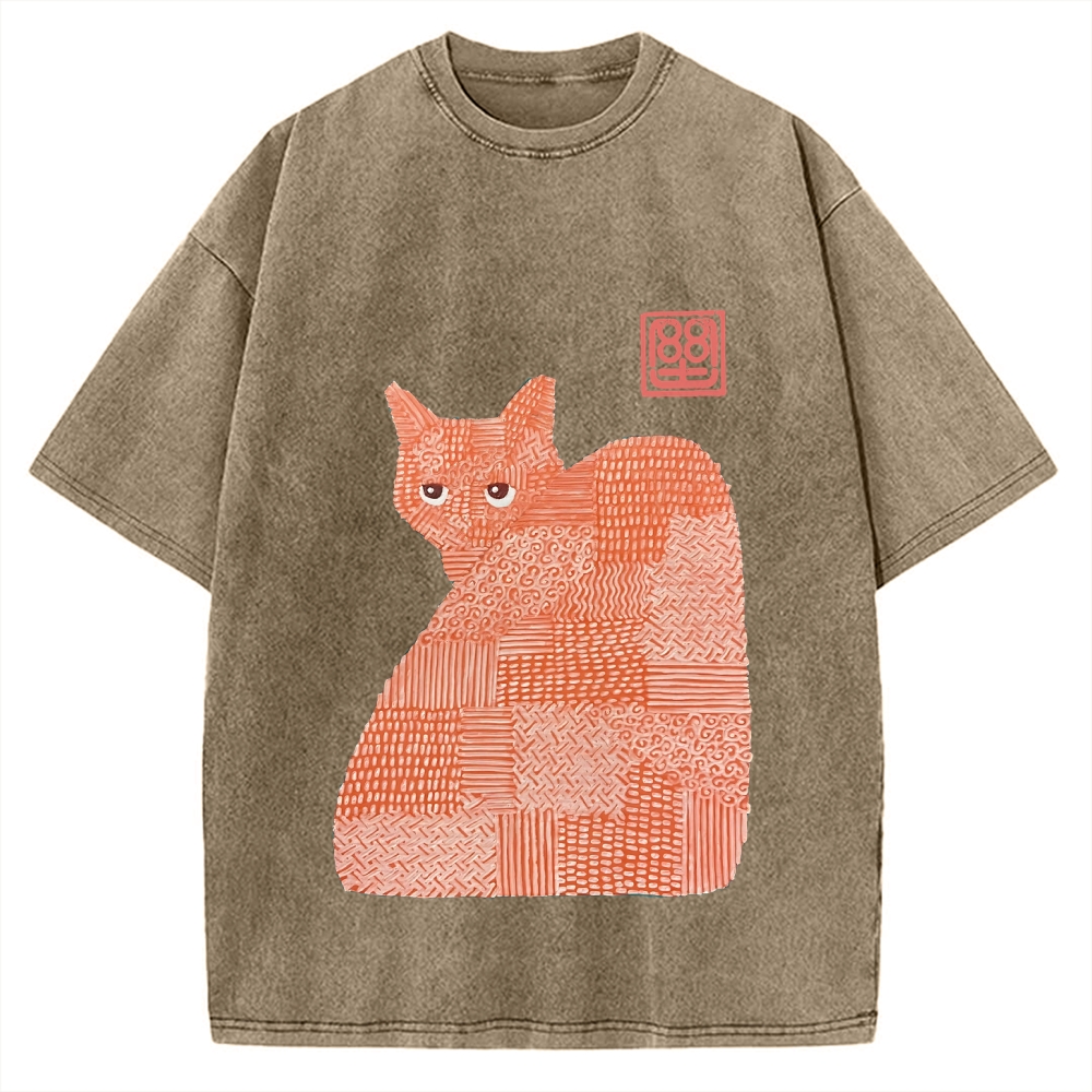Geometric Patchwork Cat Vintage Washed T-shirt