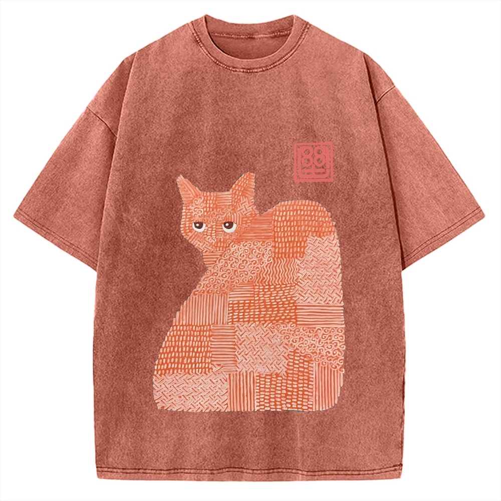 Geometric Patchwork Cat Vintage Washed T-shirt