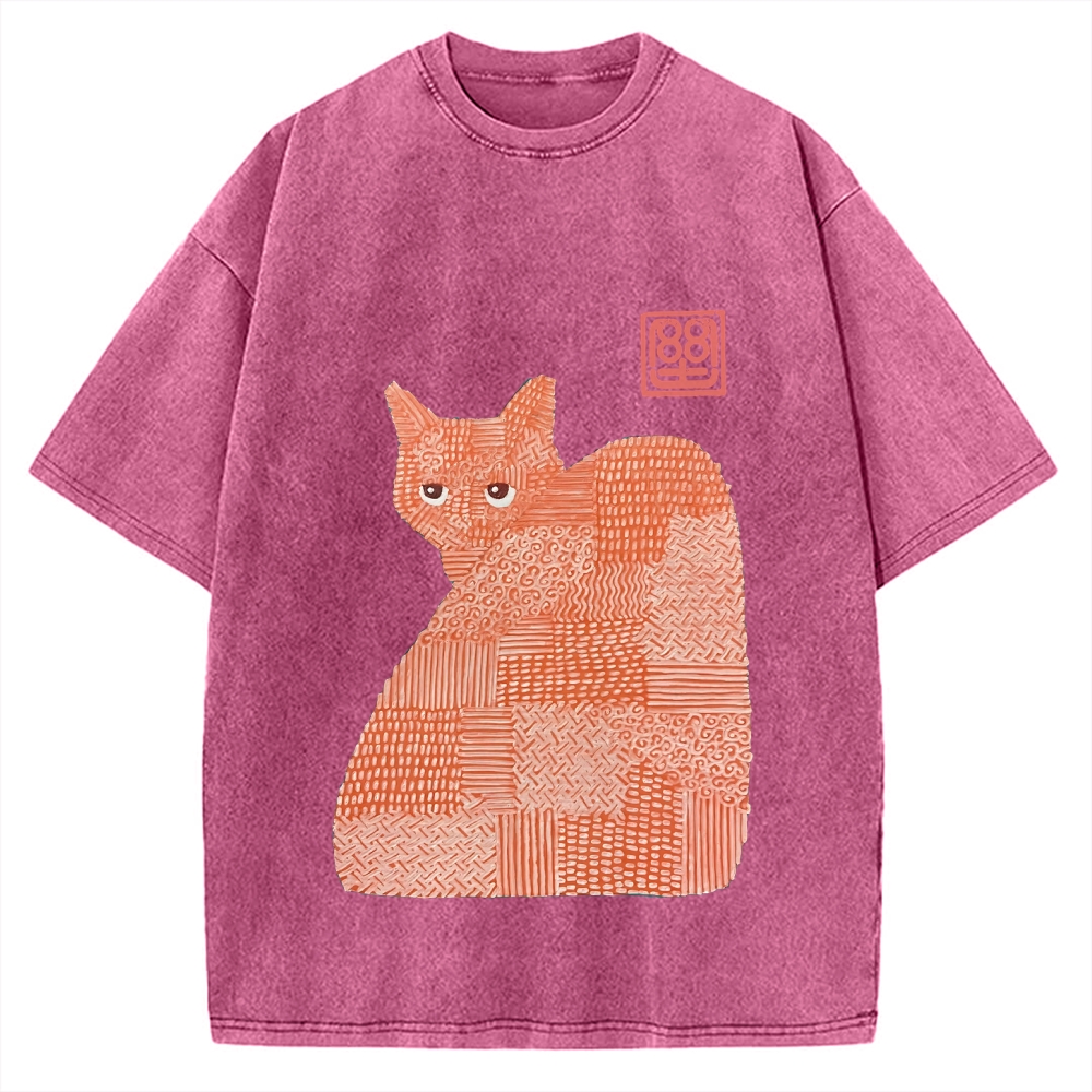 Geometric Patchwork Cat Vintage Washed T-shirt