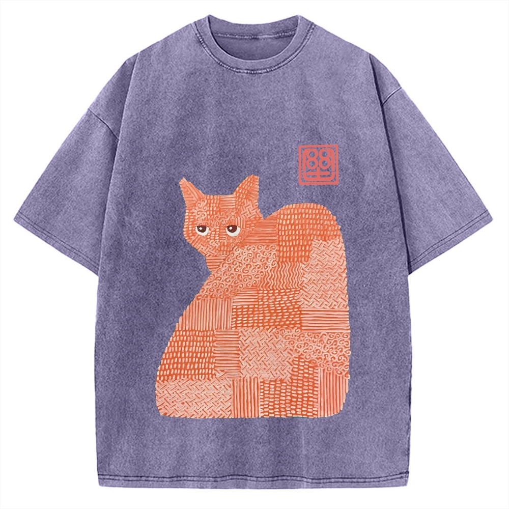 Geometric Patchwork Cat Vintage Washed T-shirt