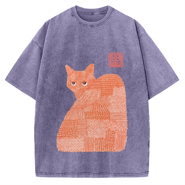 Geometric Patchwork Cat Vintage Washed T-shirt