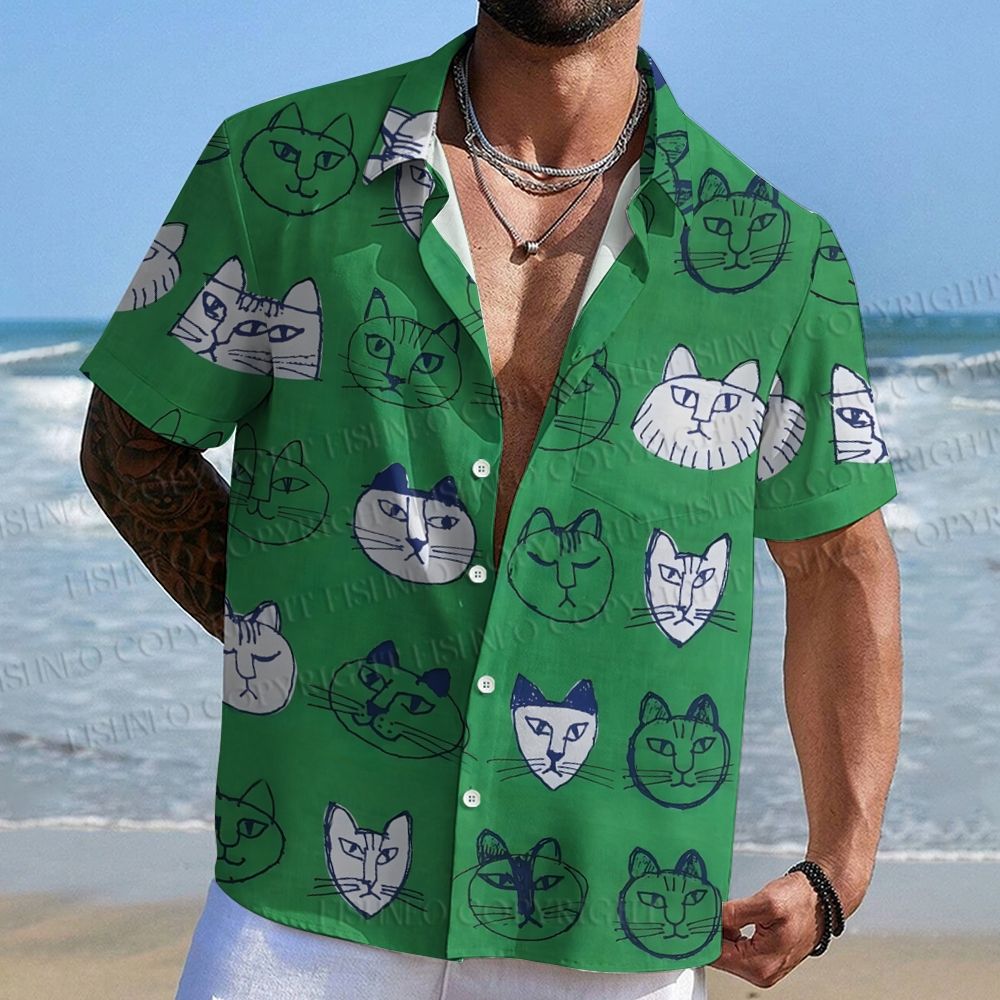 Artistic Cat Face Printed Men's Short-sleeved Shirts