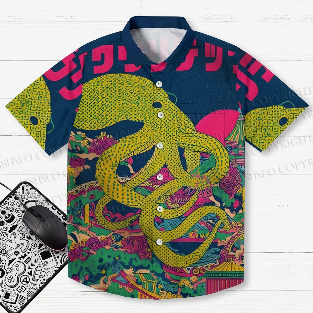 Japanese Ukiyo-e Vintage Octopus Printed Men's Short-sleeved Shirts