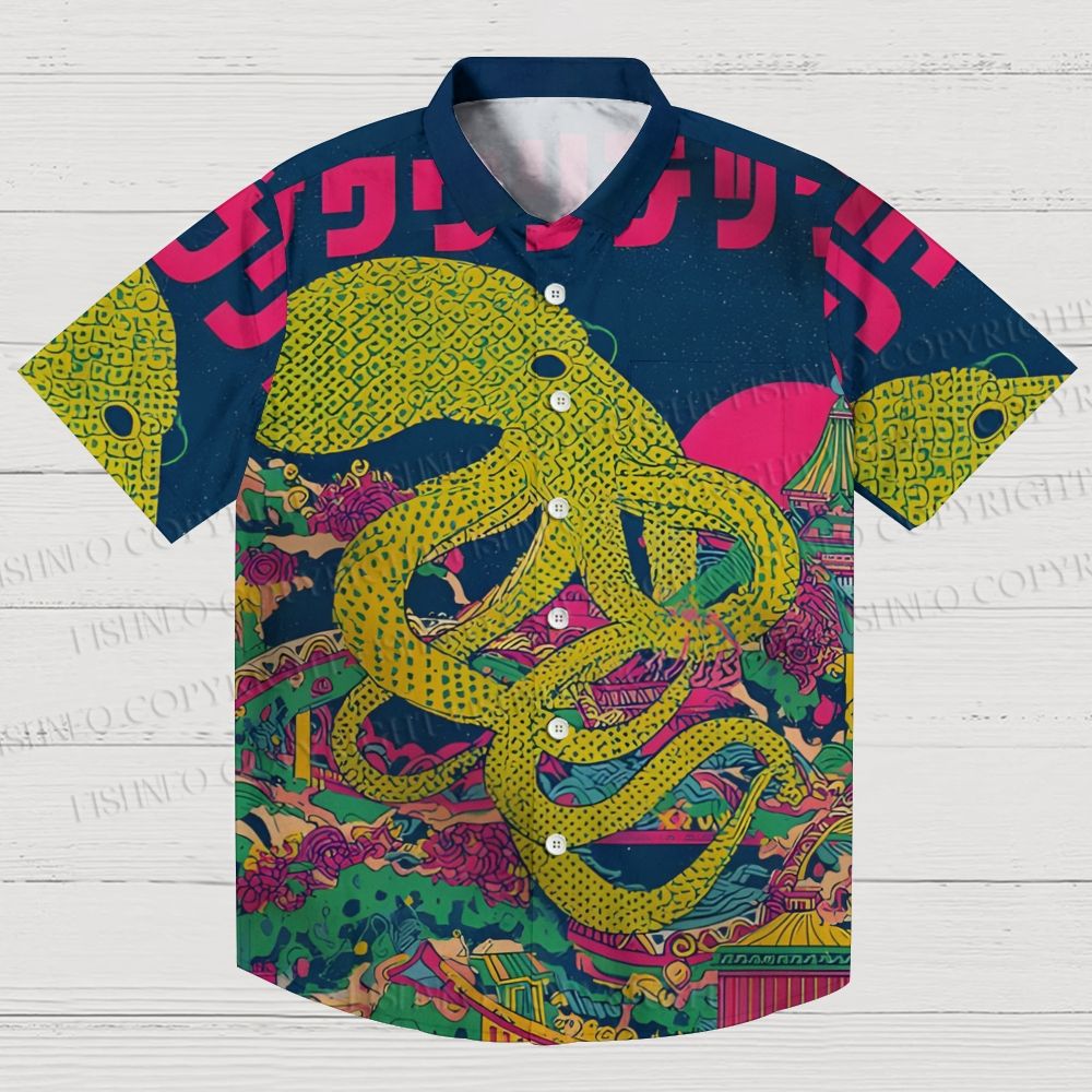 Japanese Ukiyo-e Vintage Octopus Printed Men's Short-sleeved Shirts
