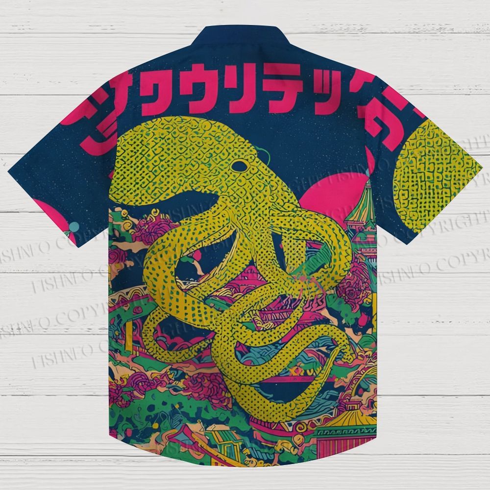 Japanese Ukiyo-e Vintage Octopus Printed Men's Short-sleeved Shirts
