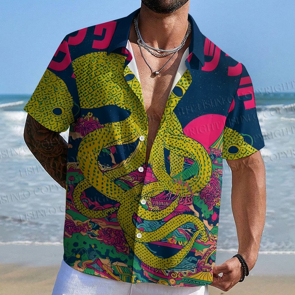 Japanese Ukiyo-e Vintage Octopus Printed Men's Short-sleeved Shirts