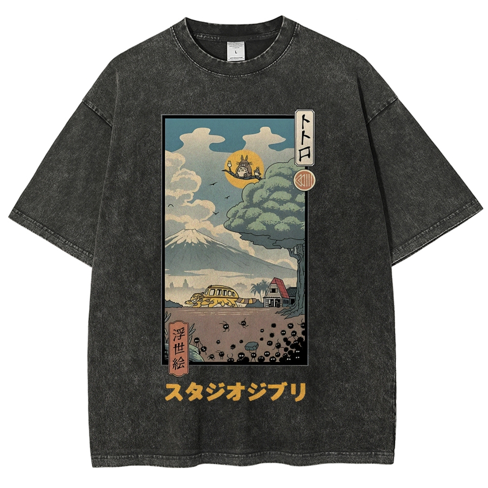Ghibli Totoro Anime Ukiyoe Vintage Wash Japanese Design T-Shirt