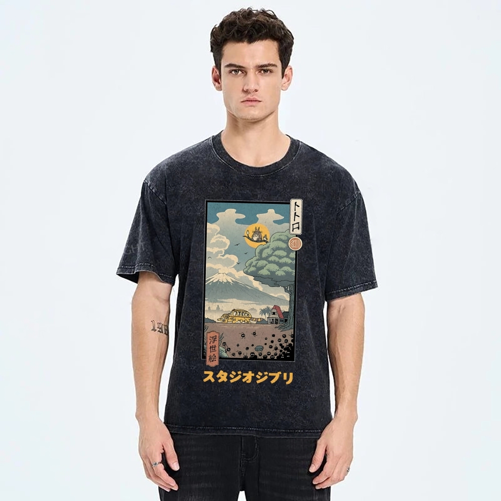 Ghibli Totoro Anime Ukiyoe Vintage Wash Japanese Design T-Shirt