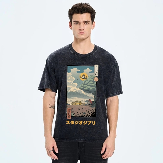 Ghibli Totoro Anime Ukiyoe Vintage Wash Japanese Design T-Shirt