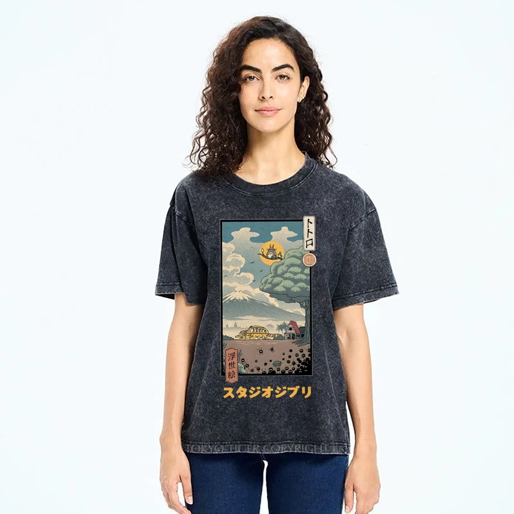 Ghibli Totoro Anime Ukiyoe Vintage Wash Japanese Design T-Shirt