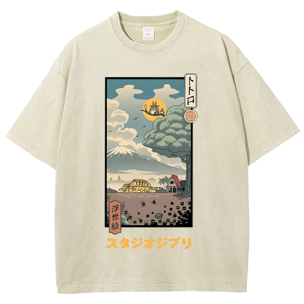 Ghibli Totoro Anime Ukiyoe Vintage Wash Japanese Design T-Shirt