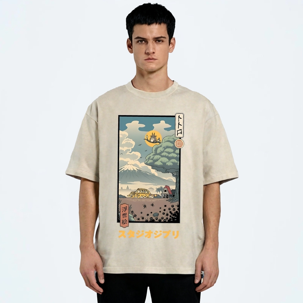 Ghibli Totoro Anime Ukiyoe Vintage Wash Japanese Design T-Shirt