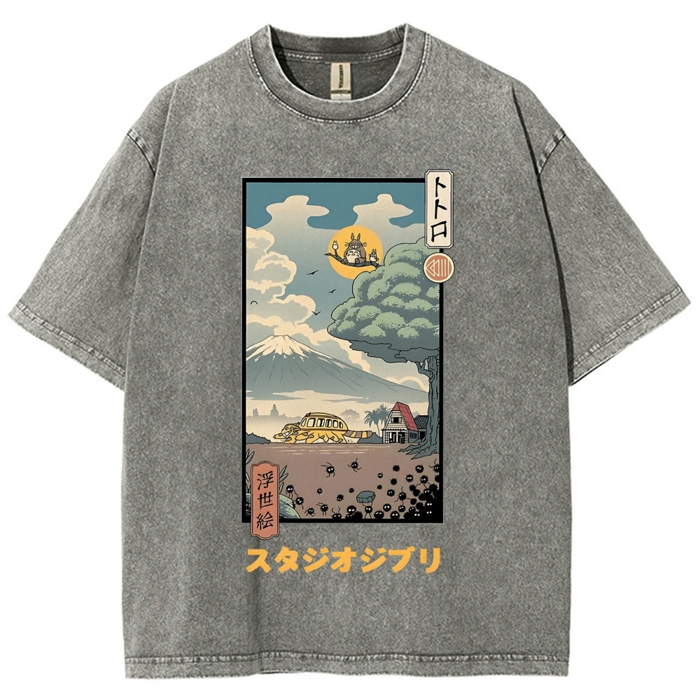 Ghibli Totoro Anime Ukiyoe Vintage Wash Japanese Design T-Shirt