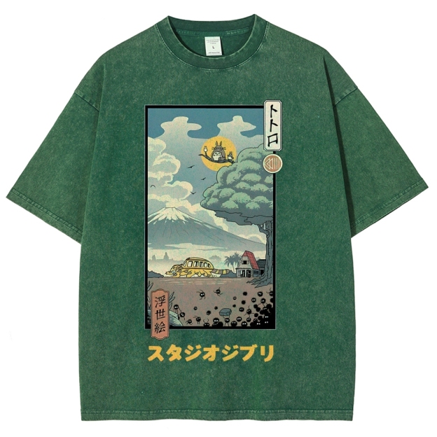 Ghibli Totoro Anime Ukiyoe Vintage Wash Japanese Design T-Shirt