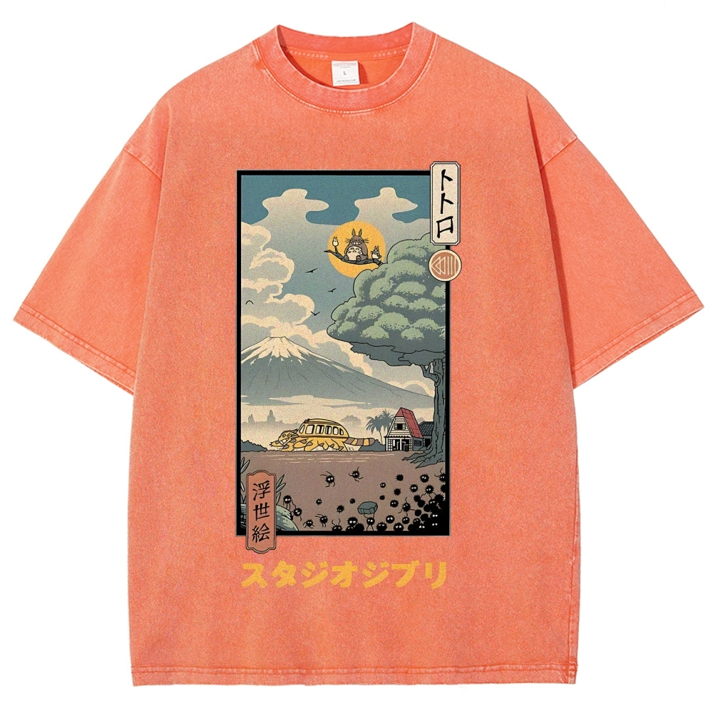 Ghibli Totoro Anime Ukiyoe Vintage Wash Japanese Design T-Shirt