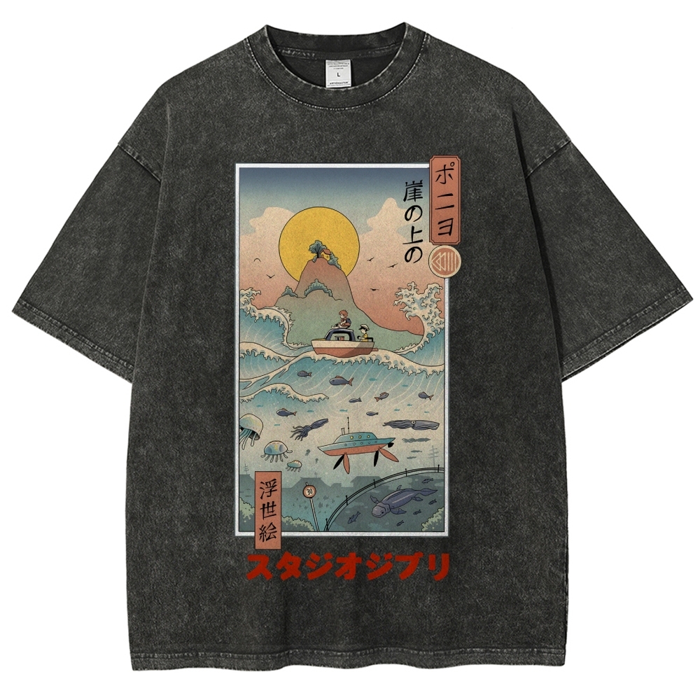 Ghibli Ponyo Anime Ukiyoe Vintage Wash Japanese Design T-Shirt