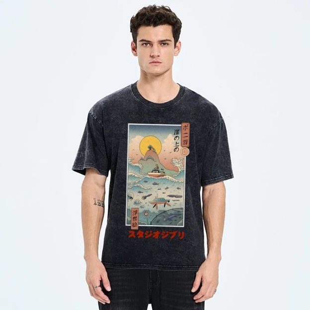 Ghibli Ponyo Anime Ukiyoe Vintage Wash Japanese Design T-Shirt