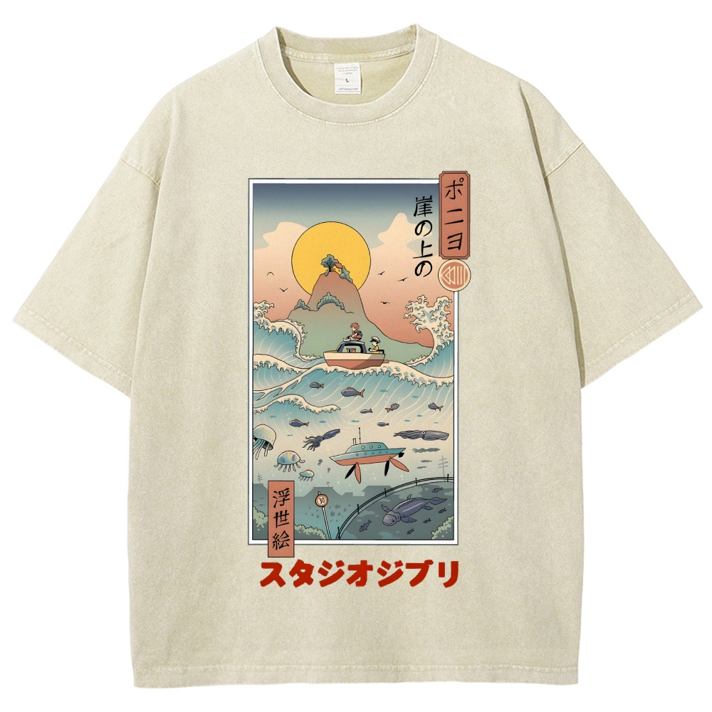 Ghibli Ponyo Anime Ukiyoe Vintage Wash Japanese Design T-Shirt