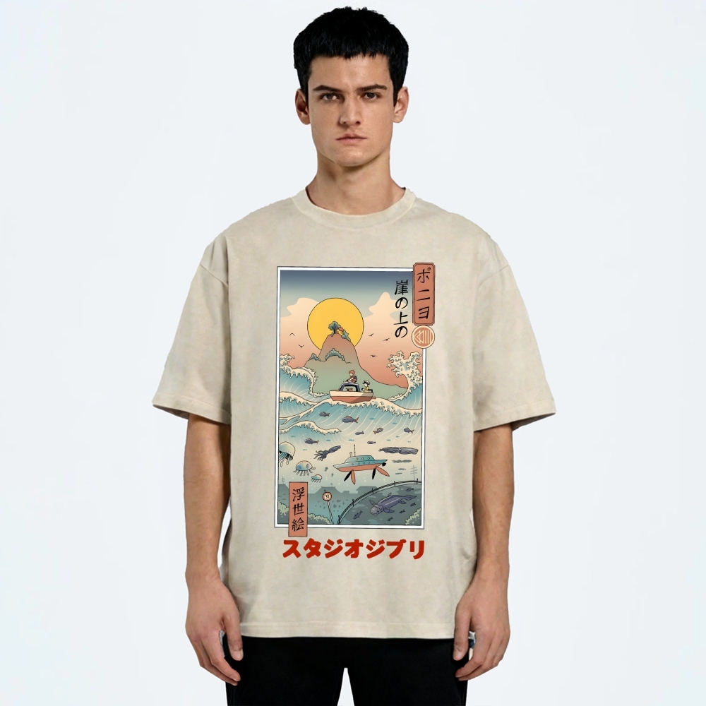 Ghibli Ponyo Anime Ukiyoe Vintage Wash Japanese Design T-Shirt