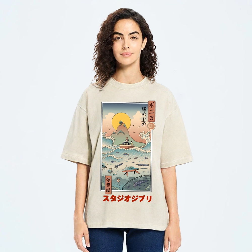 Ghibli Ponyo Anime Ukiyoe Vintage Wash Japanese Design T-Shirt