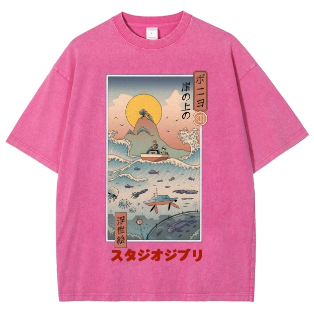 Ghibli Ponyo Anime Ukiyoe Vintage Wash Japanese Design T-Shirt
