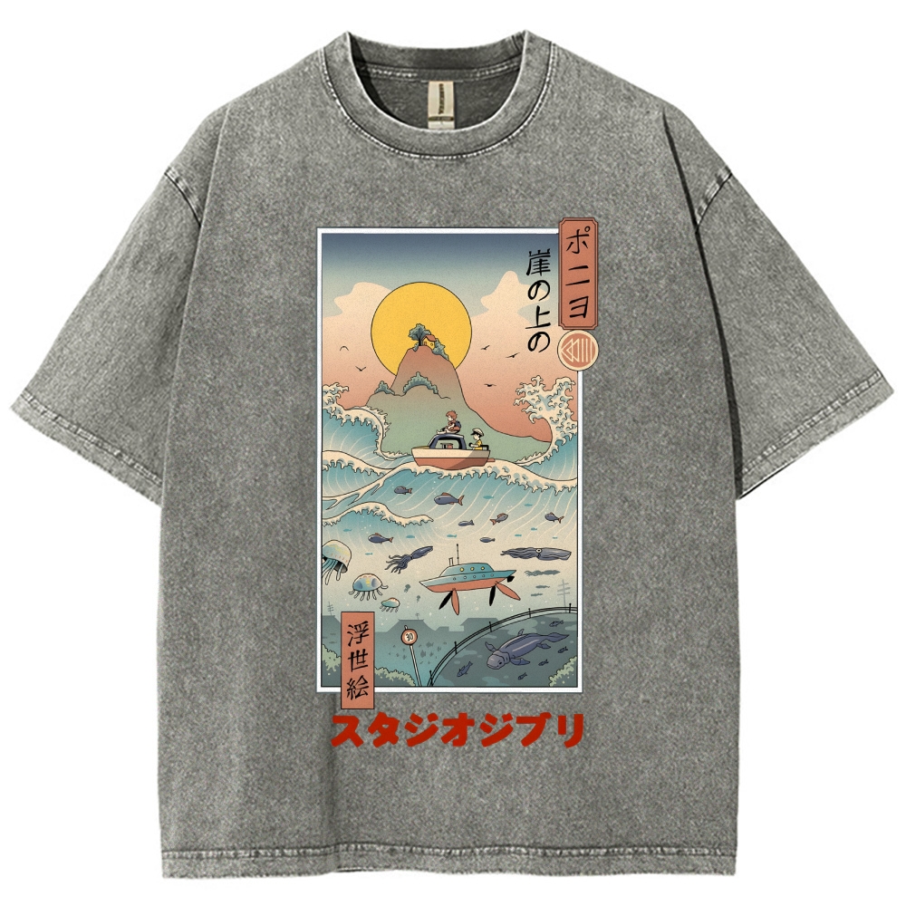 Ghibli Ponyo Anime Ukiyoe Vintage Wash Japanese Design T-Shirt