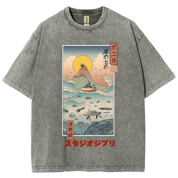 Ghibli Ponyo Anime Ukiyoe Vintage Wash Japanese Design T-Shirt