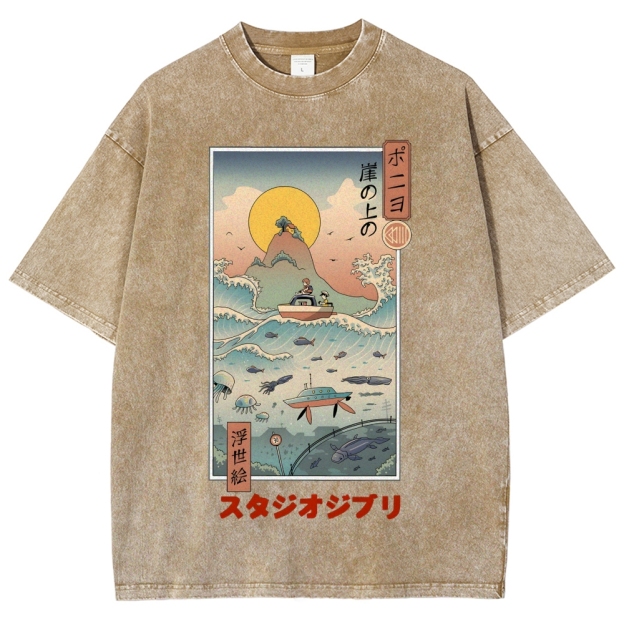 Ghibli Ponyo Anime Ukiyoe Vintage Wash Japanese Design T-Shirt
